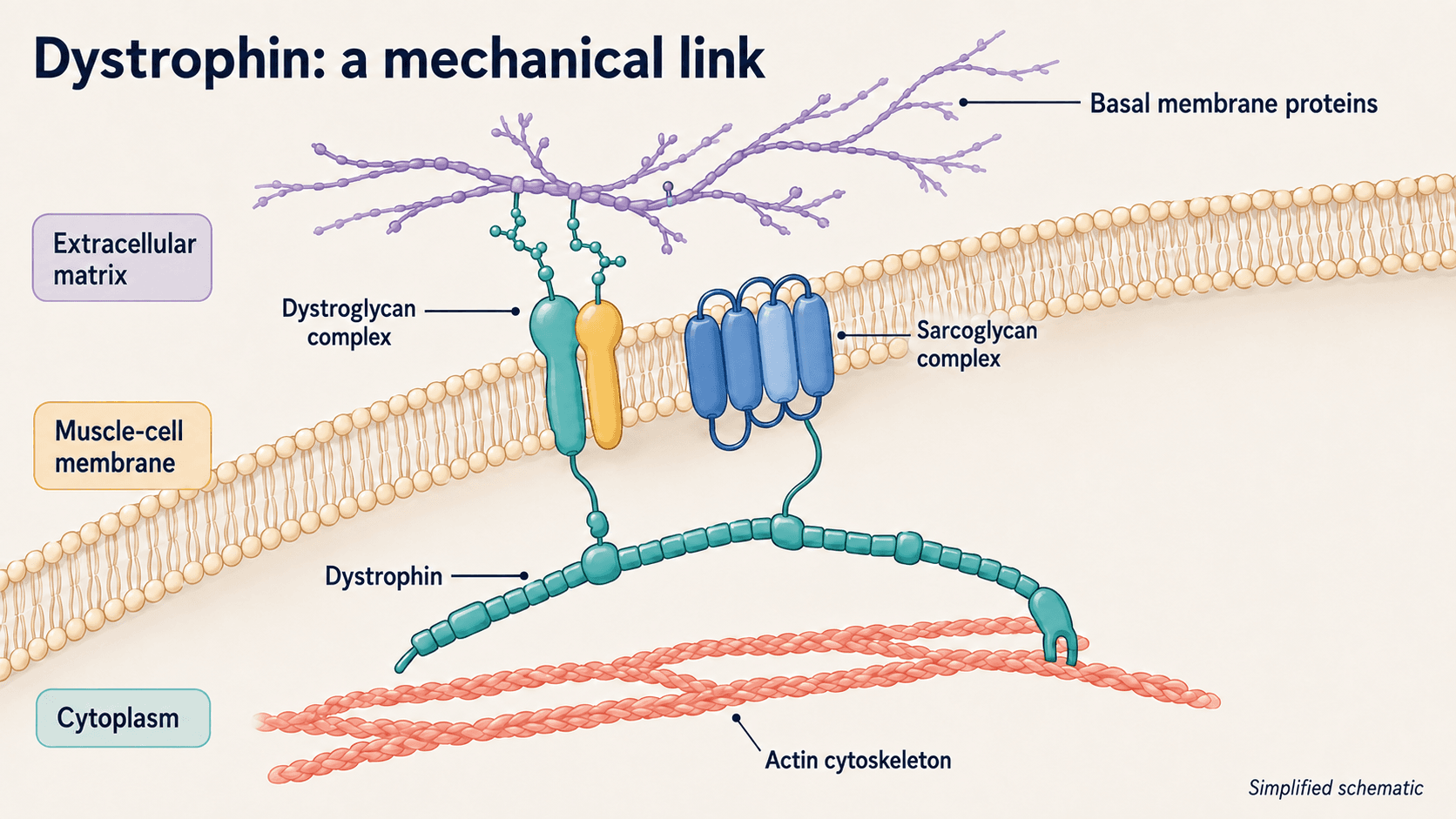Dystrophin mechanical link between the extracellular matrix, muscle-cell membrane, and actin cytoskeleton